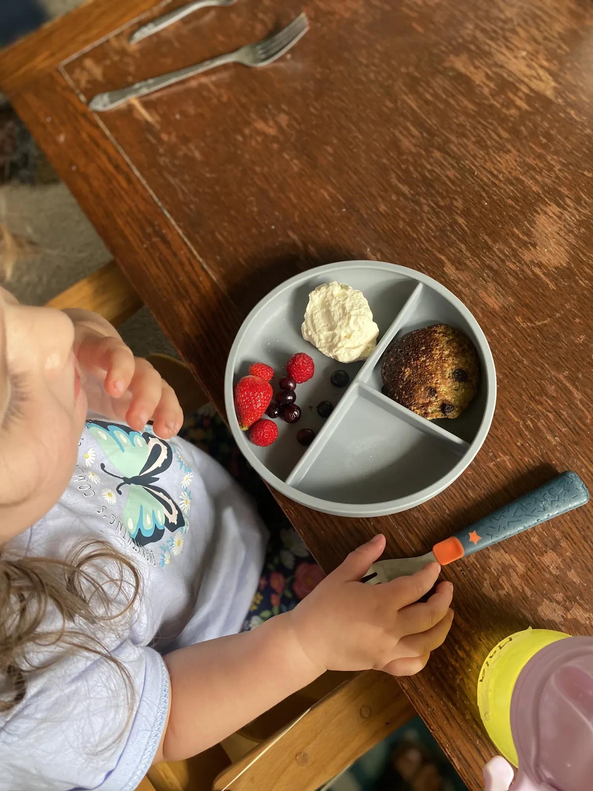 A top-down view of a blue divided plate at mealtime.